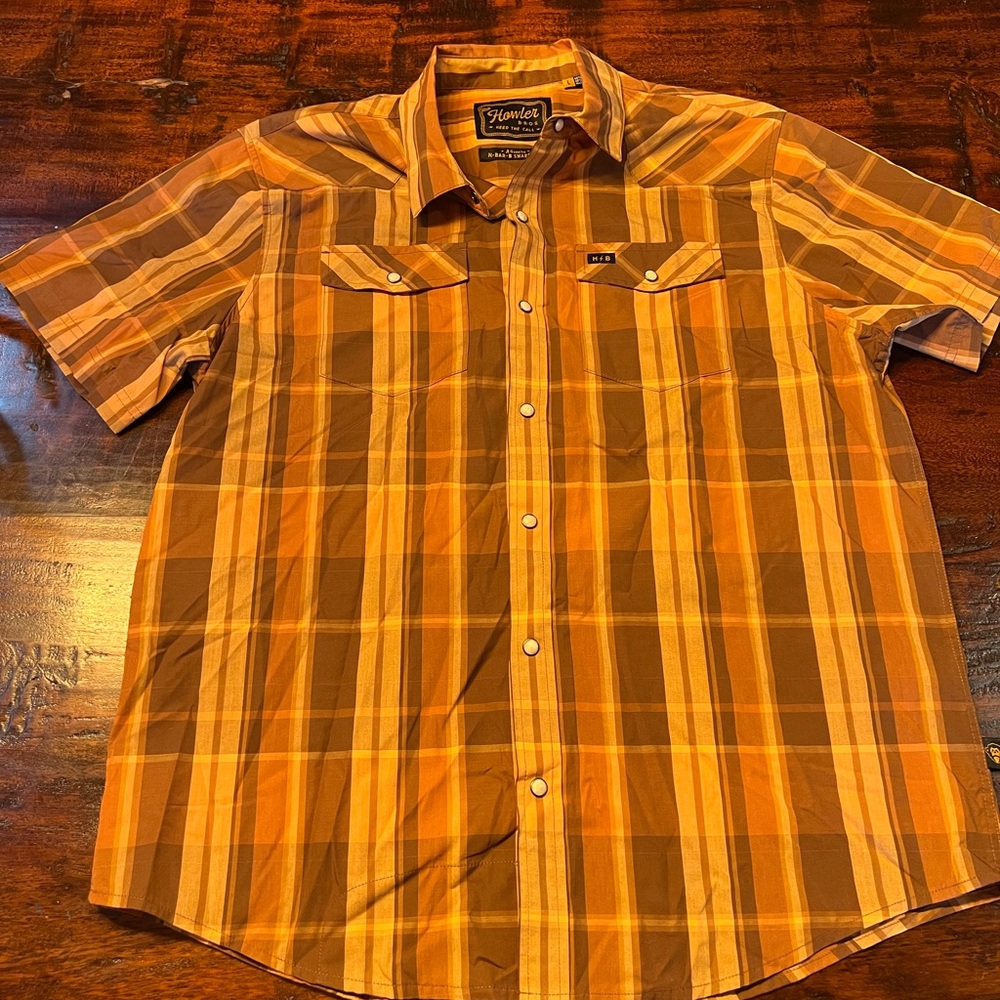 Howler Brothers Brown and Orange Plaid Snapshirt